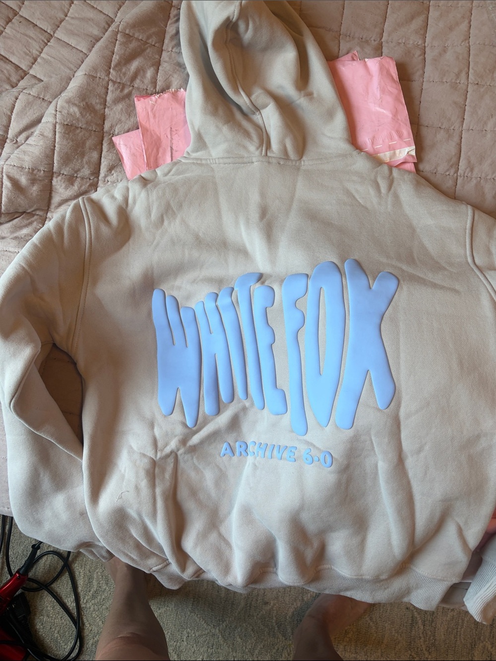 White Fox Boutique Cream Hoodie with Light Blue Logo